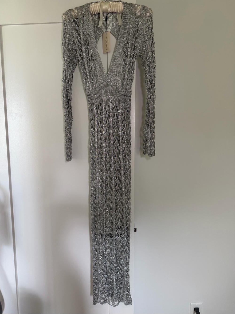 Silver Open-Knit Long Sleeve Maxi Dress with Deep V-Neck